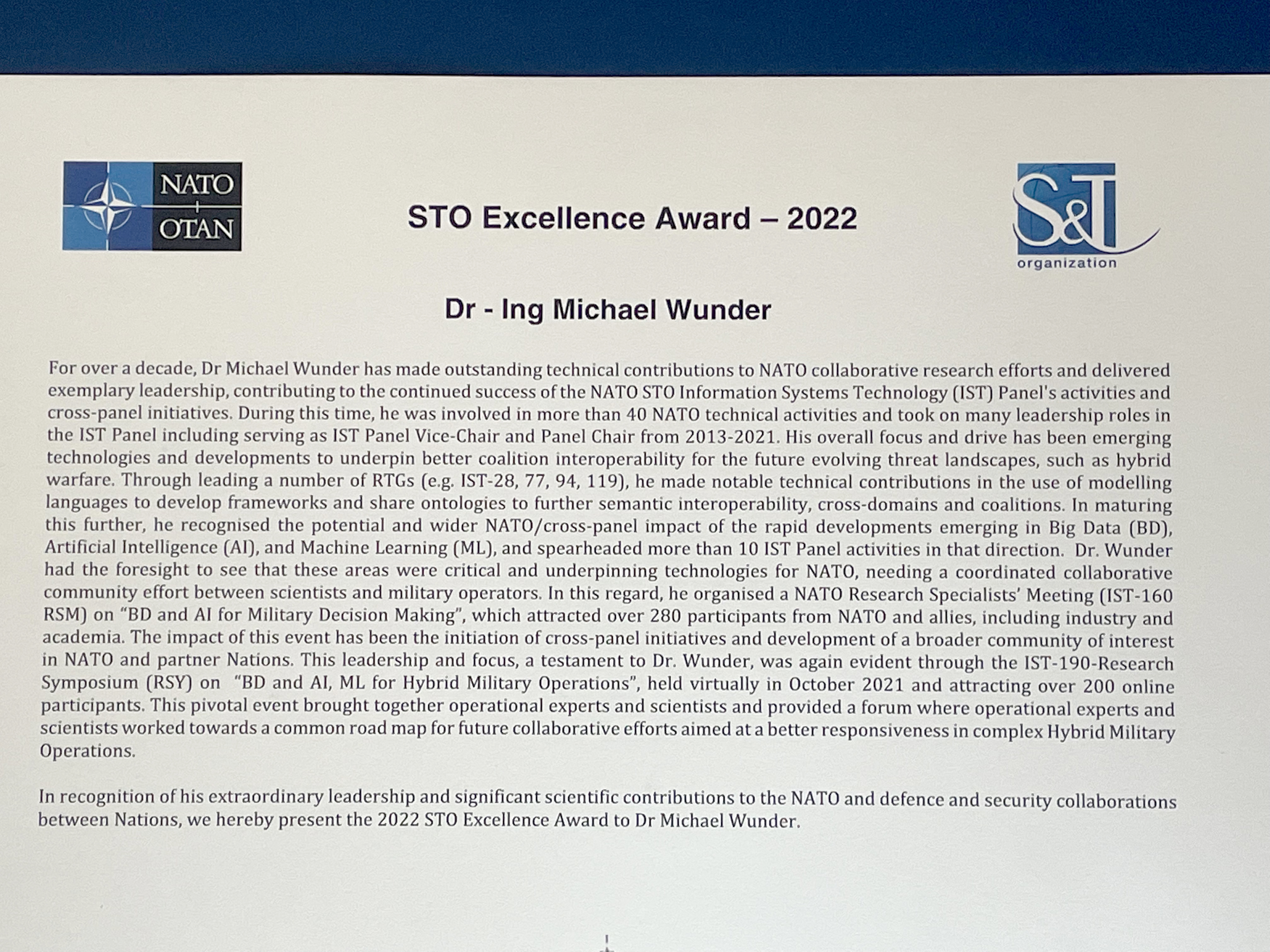 NATO STO Excellence Award 2022 Urkunde 2